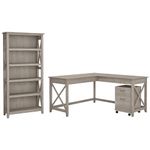 Bush Furniture Key West 60W L Shaped Desk with Mobile File Cabinet and 5 Shelf Bookcase in Washed Gray