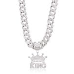 Pazciay Mens Hip-hop Cuban Link Chain, Silver Gold Plated Bling Rhinestone KING Pendant Necklace 20inch Diamond Chain Jewelry For Men (Silver)