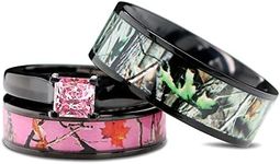 His & Hers Pink Women`s & Men`s Black Titanium Camo and Stainless Steel Princess Engagement Wedding Rings Set (Size His 12, Hers 08)