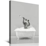 Bathroom Wall Art Decor Black and White Funny Animals Canvas Prints Pictures Cute Baby Monkey Take Bath in A Bathtub Poster Modern Framed Artwork for Kid's Room Home Walls Decoration 12x16 Inch