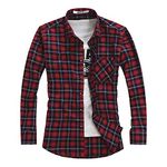 OCHENTA Men's & Boys' Long Sleeve Button Down Plaid Flannel Shirt, T101 Red Blue Orange, Large