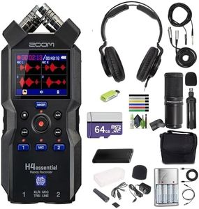 Zoom H4essential 4-Track 32-Bit Float Portable Audio Recorder + Zoom ZDM-1 Podcast Mic Pack + P- Bank Battery + USB Card Reader, SD/microSD + 10ft USB Type A to USB Type C cable - Black + More