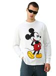 Bewakoof X Official Disney Merchandise Men's Classic Mickey FB Graphic Printed 100% Cotton T-Shirt - Oversized Fit, Round Neck, Full Sleeves White