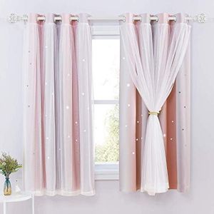 NICETOWN 54 Drop Blackout Curtains Bedroom - Cut Out Stars Blackout Panels Double Layers Eyelet Curtains with Net for Baby's Room/Nursery, 2 PCs, 52 x 54-inch, Grey Pink