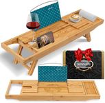 SereneLife 2 in 1 Bed and Bath Tray - Foldable Bamboo Bathtub Caddy with Adjustable Length, Non-Slip, Device Holder, Wine Glass Slot, Expandable for Comfortable Bathing (Folding, Soft Back, Gift Set)