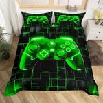 Kids Gaming Duvet Cover Set Twin Size, Green Grid Games Console Bedding Set for Boys Teens Adults, Video Gamer Controller Comforter Cover, Reversible Gamepad Quilt Cover, 1 Pillowcase, No Comforter