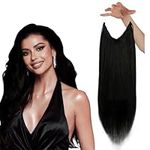 Sunny Hair Wire Hair Extensions Real Hair Black Real Human Hair Fish Wire Extensions Black Invisible Wire Extension with Adjustable Transparent Fish Line Black Hair Extensions Straight 20Inch