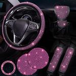 ToBeQueen 7 Pack Pink Bling Car Accessories Set for Women Girl,Pink Diamond Steering Wheel Cover Set 15 inch,Seat Belt Cushion,Gear Shift Cover,Pink Car Bling Ring,Car Coasters,Pink