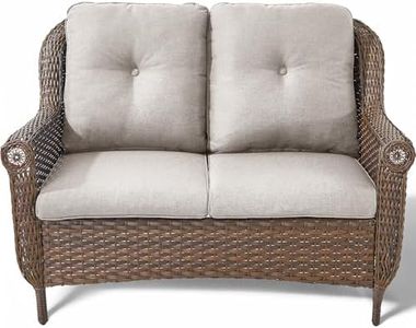 ACTREST Patio Loveseat Outdoor Wicker Sofa - Heavy Duty All-Weather Brown Rattan 2-Person Sofas with High Back and Comfortable Thick Cushions for Garden Back Porch Poolside Apartment - Beige