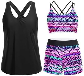 Holipick Tribal 3 Piece Tankini Swimsuits for Women Tummy Control Bathing Suits Swim Tank Top with Bra Boy Shorts Teen Swimwear S