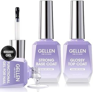 Gellen Gel Nail Polish Top and Base Coat - Gel Top Base Coat & Builder Gel Nail Kit 3pcs Base and Top Coat UV Soak off Gel Polish, Strong Base Coat Glossy Shiny Top Coat Builder Gel for Nails 18ml