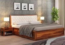 Sheeshamwallah Wooden King Size Bed with Box Storage for Bedroom, White Upholstered Cushioned Headboard, Solid Sheesham Wood, Teak Finish, Mattress Size: 78 X 72 in