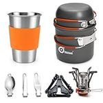 Odoland Camping Cookware Stove Carabiner Canister Stand Tripod and Stainless Steel Cup, Tank Bracket, Fork Knife Spoon Kit for Backpacking, Outdoor Camping Hiking and Picnic, Orange