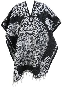 Ethnic Identity Mexican Poncho Aztec for Men & Women | Reversible Cobija Blanket for Fiesta, Outdoor, Hiking, & Camping, Black, X-Large