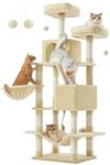 Feandrea Cat Tree, 66.1-Inch Large Cat Tower with 13 Scratching Posts, 2 Perches, 2 Caves, Basket, Hammock, Pompoms, Multi-Level Plush Cat Condo for Indoor Cats, Beige UPCT165M01