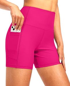 Soothfeel Women's High Waisted Swim Board Shorts 5 Inch UPF 50+ Tummy Control Bathing Suit Bottoms for Women with Pockets Rosy