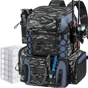 Piscifun Fishing Tackle Backpack with Rod Holders & 4 Tackle Boxes, Waterproof Rain Cover, Bottle Holder, Water-Resistant Fishing Bag Store Fishing Gear & Equipment, Black Camouflage