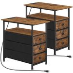 HOOBRO End Tables Set of 2, Narrow Side Table with Charging Station, Nightstands with 3 Non-Woven Fabric Drawers, Bedside Table for Small Spaces, for Living Room, Rustic Brown and Black BF483UBZP201