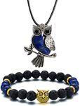 Softones Owl Necklace Healing Crystals Necklace for Women Men Reiki Spiritual Energy Gemstone Necklace Lava Owl Bracelet Set Gifts for Women with Gift Box