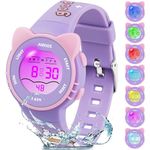 Juboos Kid's Digital Watch for Boys and Girls, Waterproof LCD Digital Sports Kids Watch with 7 Color LED Lights, Stopwatch, Alarm, Suitable for 4-12 (Purple)