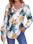 Zeagoo Women's Puff Long Sleeve Boho Shirts Casual V Neck Floral Soild Flowy Tops Pleated Loose Tunic Blouse