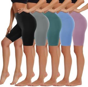 HIGHDAYS 5 Pack Biker Shorts Women - 5"/8" High Waist Spandex Workout Yoga Running Athletic, Black/Light Grey/Blue/Ins Green/Pink, Small-Medium