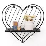 SUMGAR Black Floating Shelves Bathroom Bedroom Wall Mounted Heart Shelf Metal Wire Shelves Storage & Display Unit Home Decor Organiser with Wooden Board