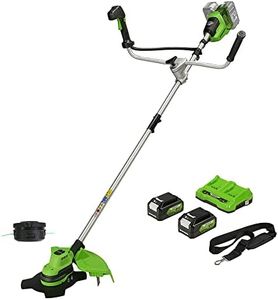 Greenworks 48V (2x24V) Cordless Brushcutter with Brushless Motor, Harness, Bike Handle, 38cm Cutting Width, Bump Feed 2mm Nylon Line, 25cm Blade, Two of 24V 4Ah Batteries & Charger GD24X2BCBK4x