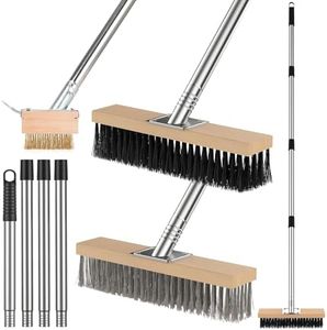 fshihine 3-in-1 Deck Brush Kit, Heavy Duty Stainless Steel Wire & Floor Scrub Brush with Long Handle, Crack Weeder Tool, Stiff Bristle Scrubber Broom for Tough Stains on Deck Concrete Garden Garage