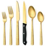 Hammered Gold Silverware Set, OGORI 48-Piece Food Grade Stainless Steel Matte Gold Flatware Set with Square Handle, Service for 8, Tableware Cutlery Set for Home and Restaurant, Dishwasher Safe