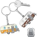 Camper Keychain Set Happy RV Camper Keyring Couples Camping Gifts for Men Women Camper Travel Trailers Accessories 2 Pack, Orange&coffee Brown, 3.73 * 1.96inch