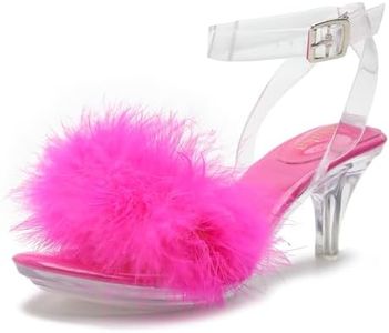 omthaka Women's Fuzzy Clear Heels Ankle Strap Stiletto Sandals Fluffy Feather Slip On High Heeled Party Prom Dresses Shoes, Rose, 10.5