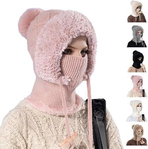 2026 Upgrade 3 in 1 Beanie Hat for Women, Windproof Knitted 3 in 1Beanie Hat with Scarf and Mask for Women Fall Winter (Pink)