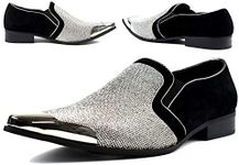 MEN'S POINTED TOE DIAMANTE STUDDED COMFY SLIP OP ON SMART PARTY SHOES (Silver, numeric_10)