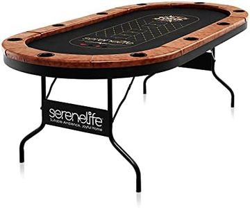 SereneLife 10-Player Oval Foldable Poker Table - Casino Texas Holdem Table with Water-Resistant Cushioned Rail, 10 Cup Holders, Brown Felt Surface, Black Jack Board & Family Games (Black)