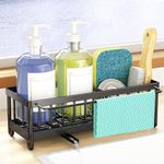 Kysren Kitchen Sink Caddy: Sponge Holder for Kitchen Sink with Towel Rack and Auto Draining Tray, Stainless Steel Dish Soap Holder with Removable Divider, Black