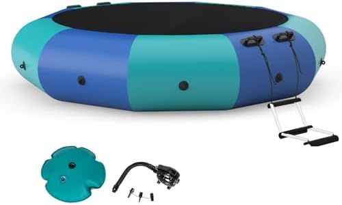KOTEK Water Trampoline, 10Ft/12Ft/15Ft Recreational Water Bouncer with Electric Pump, Rope Ladders, Inflatable Diving Trampoline for Water Sports, Lake, Pool (Blue+Green, 15 FT)