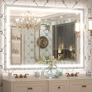 Keonjinn LED Bathroom Mirror 48" x 36" with Backlit and Front Lights, Large Stepless 3 Colors Temperature & Dimmable Wall Mirror, UL Listed LED Driver, Double Lighted, Anti-fog Bathroom Vanity Mirror