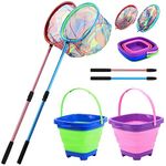 Kids Fishing Net, 2 Pack Telescopic Landing Nets with Aluminum Pole Handle, Collapsible Kids Bucket Sand Pail, Butterfly Net for Kids, Fishing Net for Kids Youth, Outdoor Playing (Pink and Blue)