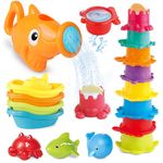 Water Table Toys for Toddlers 1-3, 16PCS Bath Toys for Babies 6-12 Months wtih Floating Boats, Stacking Cups, Shark Water Can & Marine Animal Silicone Toys, Pool Beach Toys Idea Gift for Boys Girls