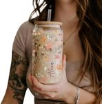 Personalized Tumbler Personalized Glass Tumbler with Birth Flower, Custom Glass Cup with Lids and Straws, Personalized Coffee Tumbler, Personalized Gift (Watercolor Floral Frosted Glass)