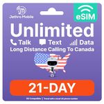 eSIM USA, Unlimited Call/Text/Data, Uses T-Mobile, Easy to Use, Quick Activation, Reloadable, Unlimited Calling to Canada, Jethro Mobile Prepaid US SIM Card for Canadian Traveler (21 Days)