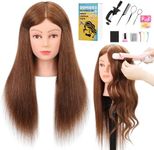 Demides 22-24’’ Mannequin Head with Human Hair, Cosmetology Mannequin Head 100% Real Human Hair, Manikin Head with Stand for Hairdressers Practice Braiding Styling Cutting Dying Styles