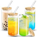 4 Pack 16 oz Beer Can Glass Cup, Iced Coffee Glasses, Drinking Cups with Bamboo Lid and Glass Straws, Glass Tumbler for Cocktail, Whiskey, Soda, Tea, Water, Beer