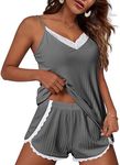 Ekouaer Womens Pajama Sets Soft Lingerie Sleepwear 2 Piece Cami Shorts Set V Neck Pj Lace Nightwear Dark Grey X-Large