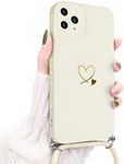 Newseego Lanyard Case Compatible for iPhone 11 Pro Max, Cute Gold Love Heart Pattern Women Girls Liquid Silicone Protective iPhone 11 Pro Max Case with Heart Side Frame Adjustable Neck Strap-White