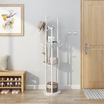 KungFuWood Coat Stand Freestanding, Rotary Wood Coat Rack Stand with 3 Storage Shelves and 9 Hooks, Sturdy and Easy Assembly for Hallway, Bedroom and Office(White)