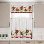 Red and White Poinsettia Elegant Holiday Christmas Kitchen/Café and Bath Tiers and Valance, 3 Piece Set