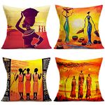 Royalours Set of 4 Cotton Linen Throw Pillow Covers Oil Painting African Art Ethnic Tribe Lady Livingroom Lips Decorative Pillow Cases Home Decor Square Pillowcases (18x18Inch, OP-African)