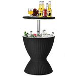 Tangkula Outdoor Cool Bar Table, Rattan Patio 8 Gallon Beer and Wine Cooler, All-Weather Ice Bucket w/Height Adjustable Top, Drainage Plug, 3-in-1 Cocktail Coffee Table for Party, Picnic (Black)